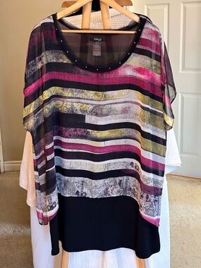 Style & Co. Striped Sheer Overlay with Black Tunic Top - Pink, Yellow & Black 2X